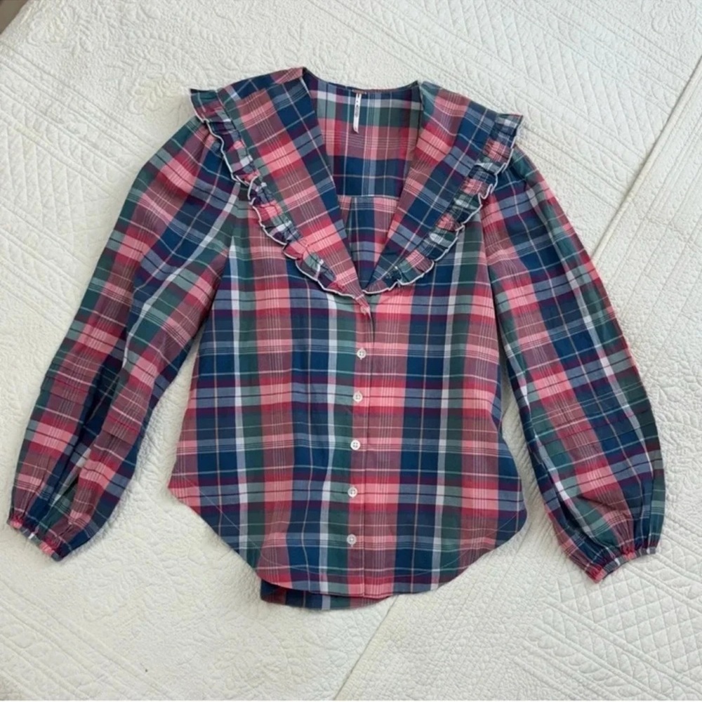 Free People Pink and Blue Plaid Ruffle Collar Button-Up Top - Picture 5 of 7